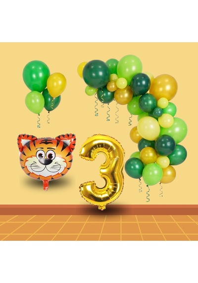 3 Yaş Safari Temalı Folyo Kaplan Yeşil Sarı Gold Balonlar Gold Rakam Doğum Günü Süsü Sarı - Yeşil