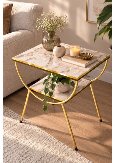 Sulorahome Gold Metal Yan Sehpa Mermer Desenli Çift Raf Kapasiteli Altın - Beyaz Mermer