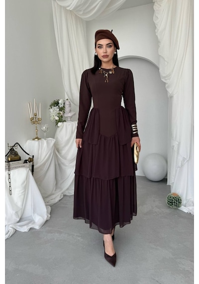 Nils Butik Korse Detaylı Midi Abiye Elbise Acı Kahverengi