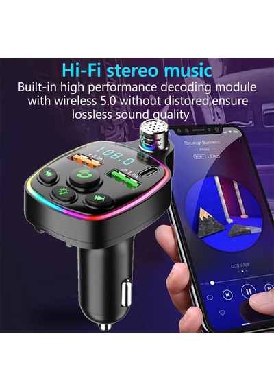Nr67 Rgb Renkli Fm Radyo Transmitter Mp3 Çalar Bluetooth 5.0 Çakmaklık Type-c Hızlı Şarj Aleti