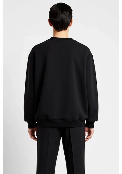 Benerly Erkek Bisiklet Yaka Düşük Kol Oversize Kalın Nakışlı Sweatshirt F siyah
