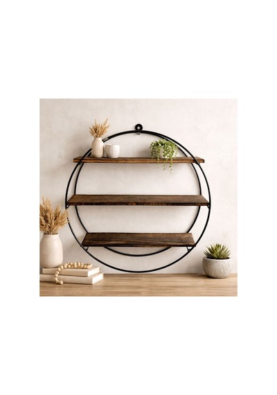 Luxury Wood 3 Katlı Metal Ahşap Çok Amaçlı Dekoratif Duvar Rafı 56x12cm Kahverengi