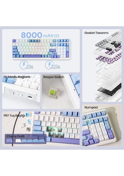 Aula F99 3 Modlu Rgb Hot Swap Mekanik Reaper Switch Kablosuz Makrolu Klavye Mavi