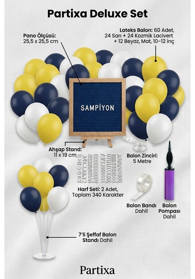 Sarı Lacivert Taraftar Süsleme Deluxe Set Siyah Keçe Yazı Panosu Standlı Balon Zincirli 7li Şeffaf Balon Standlı Set 3+ Yaş