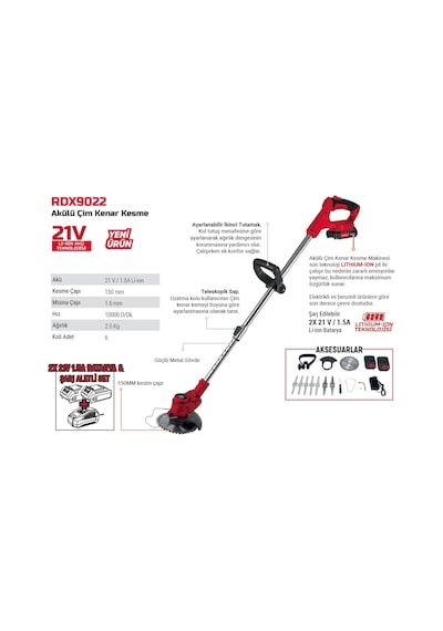 Tr Yan Tırpan Elektrikli Şarjlı Çim Ot Biçme Kesme Rodex Rdx9022 Li-on Çift Batarya Akülü 150 Mm Disk