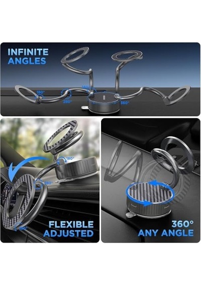 Metal Katlanabilir Karbon Fiber Magsafe İle Uyumlu Mıknatıslı Araç Telefon Tutucu 360 Dönebilir Kilitli Vakum