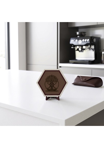Meditasyon Ve Hayat Ağacı Temalı Modern Masaüstü Dekoratif Obje Çalışma Alanınıza Huzur Katan Şık Tasarım 10x10 Cm, Açık Kahve