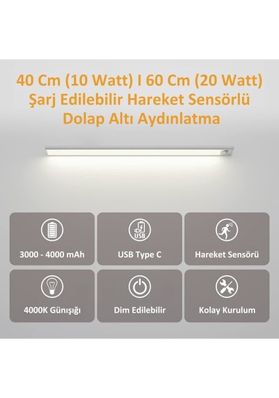Hareket Sensörlü - Dekoratif Gece Lambası Usb Şarjlı 40 CM Silver