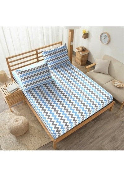Çift Kişilik 160X200 Lastikli Çarşaf Takımı - Mavi Zikzak Desenli