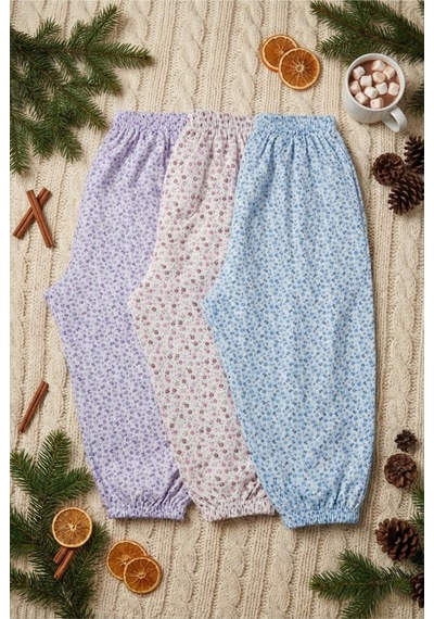 Moda Yıldız Kadın Çiçek Desenli Diz Altı Pijama 3'lü Pijama Altı Seti Beli Lastikli Çok Renkli
