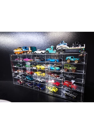 25 Li - 1/64 Ölçekli Kapaklı Şeffaf 25 Li Koleksiyon Araba Rafı Araç Standı Klasik Model Pleksi Akrilik