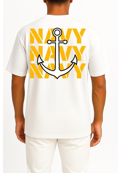 Bahriyeli Collection Oversize Trio Navy Anchor Göğüs Ve Sırt Baskılı Unisex T-shirt Beyaz
