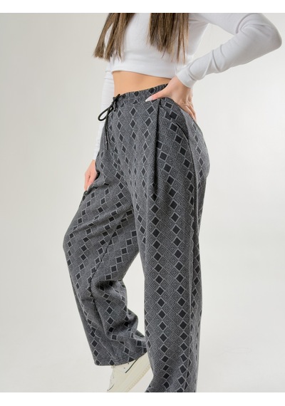 Cocopelli Desenli Kadın Baggy Pantolon Coc2675 Gri