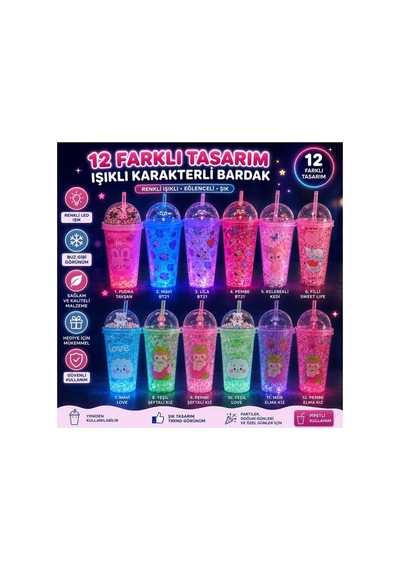 Led Işıklı,pipetli ,renkli Pullu Figürlü Çocuklara Sevimli İçeçek Bardağı Mor Mor