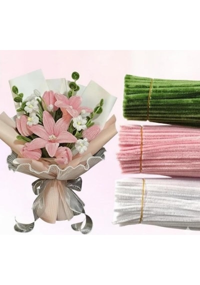 3'lü Set Pastel Pembe 50 , Beyaz 25 , Ordu Yeşili 25 Şönil , Çiçek Yapımına Uygun Tüylü Tel