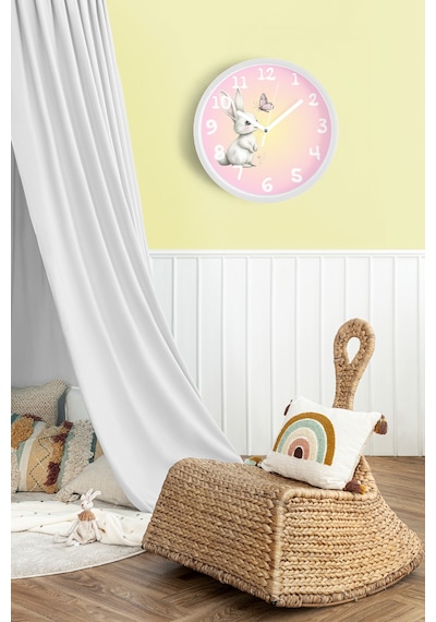 Sevimli Tavşan Temalı Çocuk Odası Modern Duvar Saati - 42cm - Önü Camlı Beyaz Kasa Beyaz