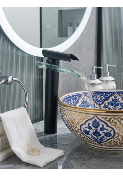 Cam Şelale Siyah Çanak Lavabo Bataryası