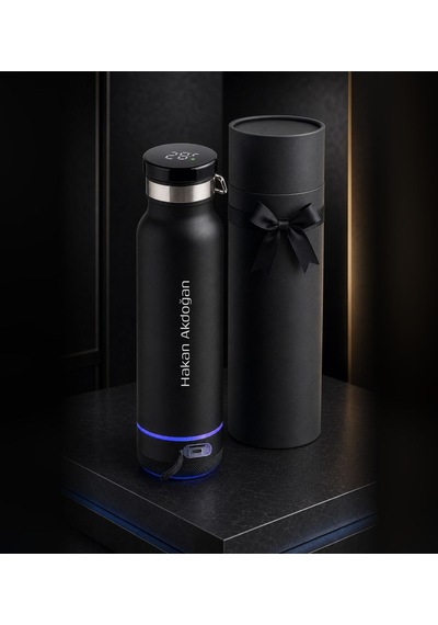 Kişiye Özel İsim Baskılı 650 Ml Dijital Dereceli Bluetooth Hoparlörlü Termos Sökülebilir Tabanlı, Kutulu, Öğretmenler Siyah