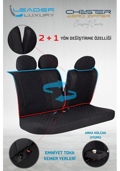 Tr Chevrolet Aveo Sedan İle Uyumlu Lüx Yarı Deri Oto Koltuk Kılıfı Ön Arka Takım Chester Siyah Mavi Genel