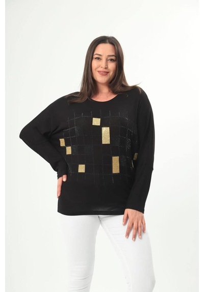 Kısmet Sepeti Kadın Gold Taşlı Yuvarlak Yaka Reglan Kol Siyah Bluz Siyah - Gold