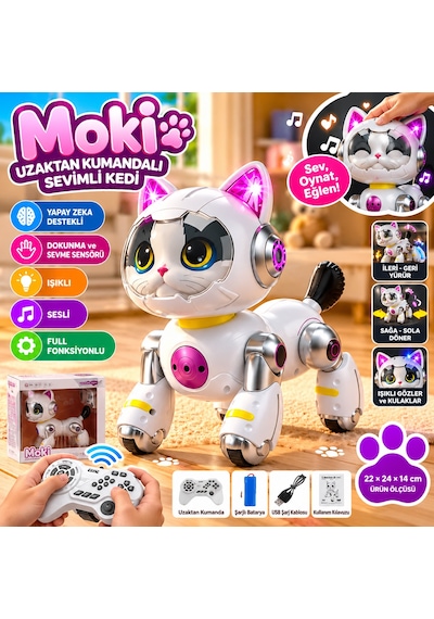 Uzaktan Kumandalı Sevimli Kedi Moki Yapay Zekâ Destekli Dokunma Ve Sevme Sensörlü Işıklı Ve Sesli