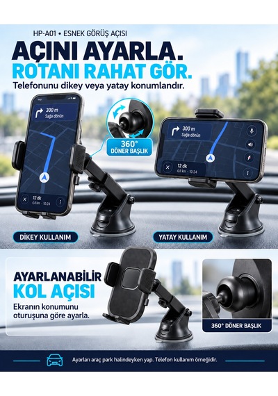 Dexxony Hp-a01 Vakum Kilitli Vantuzlu Araç İçi Telefon Tutucu 360 Döner Teleskopik Kollu Siyah Centilmen Siyah
