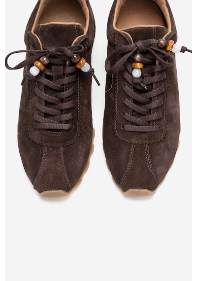 Luvishoes Brea Kahverengi Süet Hakiki Deri Boncuklu Kadın Günlük Sneaker Kahverengi