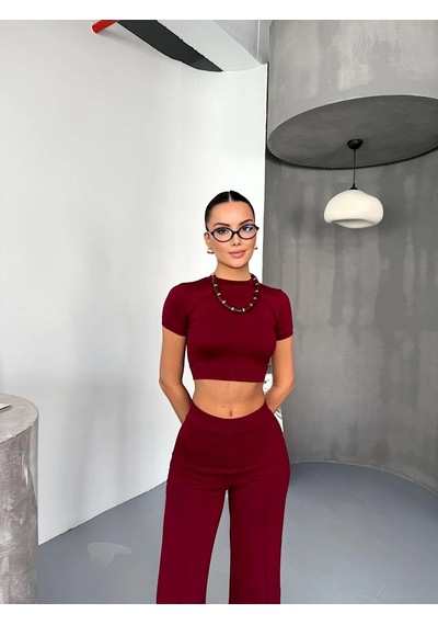 Primemagazam Kadın Modal Yumuşak Dokulu Crop Üst İspanyol Paça Pantolon İkili Takım - Bordo Çeşitli Primemagazam Kadın Modal Yumuşak Dokulu Crop Üst İspanyol Paça Pantolon İkili Takım - Bordo Çeşitli