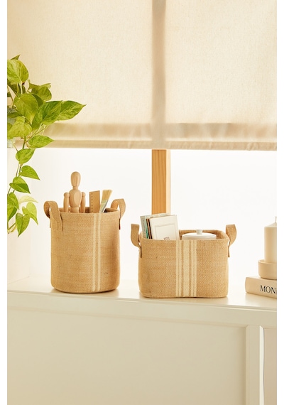 Ocean Home Textile 2'li Çizgili Jüt Sepet Set 1 Adet 20 x 20 / 1 Adet 24 x 17 x 14 cm