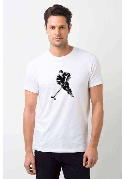 Silhouette İce Hockey Baskılı Beyaz Erkek Tshirt