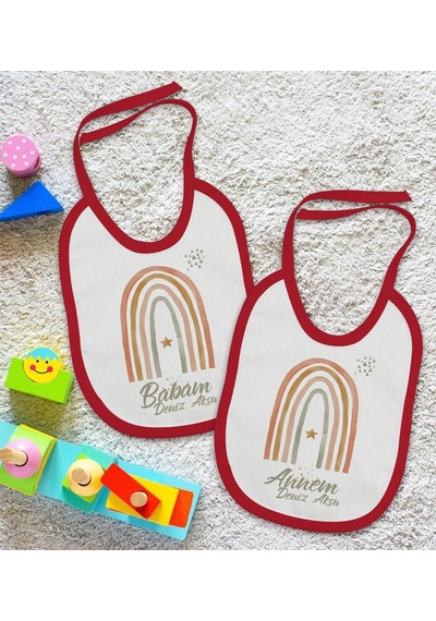 Bk Kids Kişiye Özel Anne Ve Baba Tasarımlı 2 Li Kırmızı Mama Önlü Kırmızı