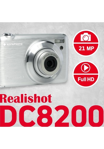 Realishot Dc8200 Fotoğraf Makinesi, Dijital Kamera, Kompakt, 18 Mp, Full Hd, Lcd Ekran, 2,7 İnç, Optik Zoom, 8 X Lityum Pil Ve Sd Kart 16 Gb, Gümüş