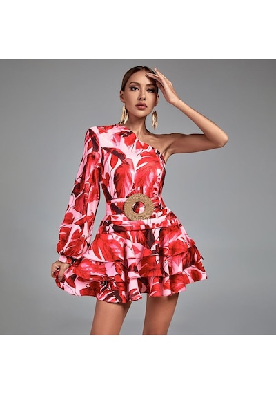 Fashion Cocktail Tek Omuz Tek Kol Asimetrik Katlı Kemerli Mini Kokteyl Desenli Hasır Kemerli Davet Elbisesi Kırmızı Fashion Cocktail Tek Omuz Tek Kol Asimetrik Katlı Kemerli Mini Kokteyl Desenli Hasır Kemerli Davet Elbisesi Kırmızı