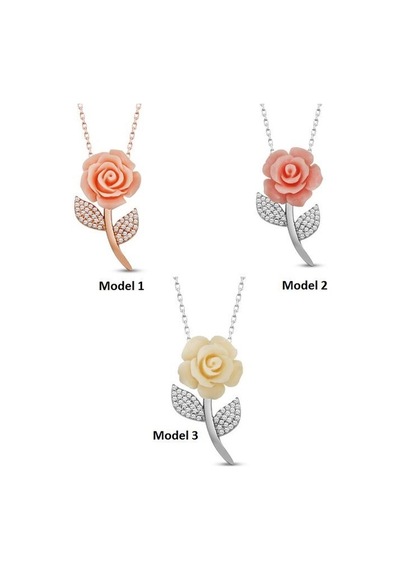 Pigado 925 Ayar Gümüş Zirkon Taşlı Rose Gül Kolye Gümüş