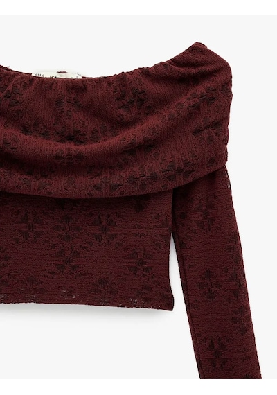Koton Omzu Açık Crop Dantel Bordo Kadın Uzun Kollu T-shirt 6wal10621ık Bordo
