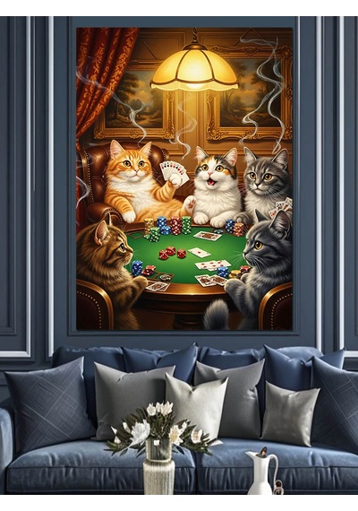 Ahşap Tablo Poker Oynayan Kedi Grubu