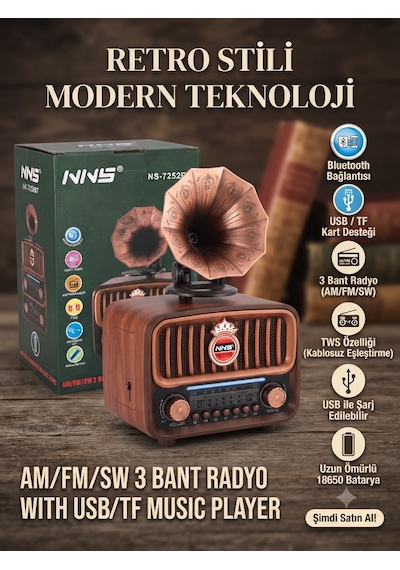 Gramafon Model Usb / Tf Kart / Aux Girişi - Bluetooth 1200mah Batarya Nostalji Görünümlü Radyo Bluetooth Hoparlör