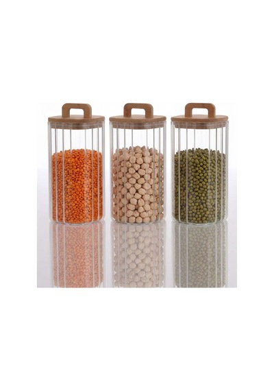 Bambu Kapaklı Borosilikat Cam Kavanoz Takımı - 3 Parça 1100 Ml Şeffaf