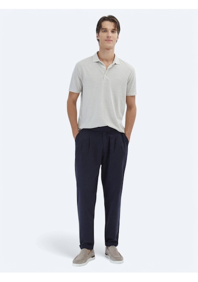 Kip Bej Çizgili Polo Yaka Pamuk Karışımlı T-shirt Bej