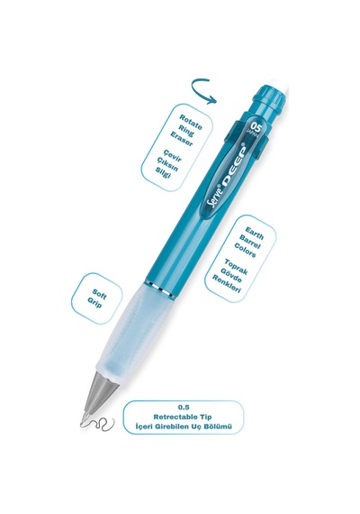 Serve Deep Versatil Kalem 05mm- Toprak Tonları - Yedekli Set Grip Ve Silgi Okyanus Mavi Okyanus Mavi