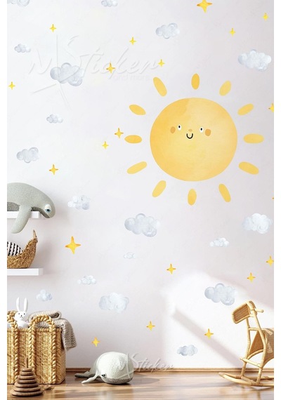 Sevimli Güneş Bulutlar Ve Yıldızlar Soft Renklerde Çocuk Bebek Odası Sticker Seti