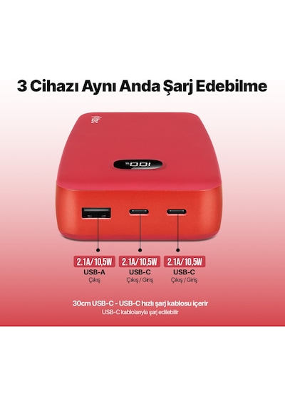 Ttec Chargeup Lcd 20.000mah Taşınabilir Hızlı Şarj Aleti 2BB213GK / Powerbank Kırmızı