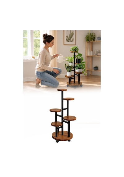 Metal 5 Katlı Tekerlekli Çiçeklik Saksılık Daire Model Dekoratif Bitki Rafı Ahşap