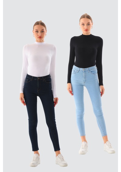 Kadın Viskon Boğazlı Kopçalı Zıbın Body 2'li Set Siyah-beyaz Siyah - Beyaz
