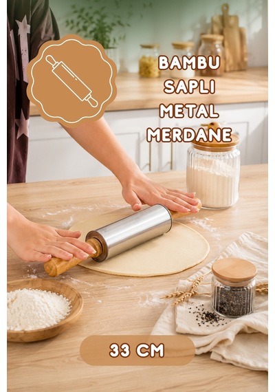 Porsima Mnb05771 Ahşap Saplı Paslanmaz Çelik Merdana Oklava Hamur Pizza Börek Açma Oklava 33cm