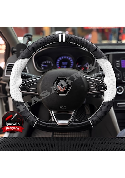 Renault Kadjar Dikme Direksiyon Kılıfı Delikli Deri Parlak Siyah Beyaz Detay Çift Yüzük Ve Dikiş 2015-2022