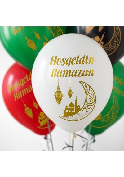 Ramazan Temalı 10'lu 12 İnç Baskılı Karışık Renk Lateks Balon Çok Renkli