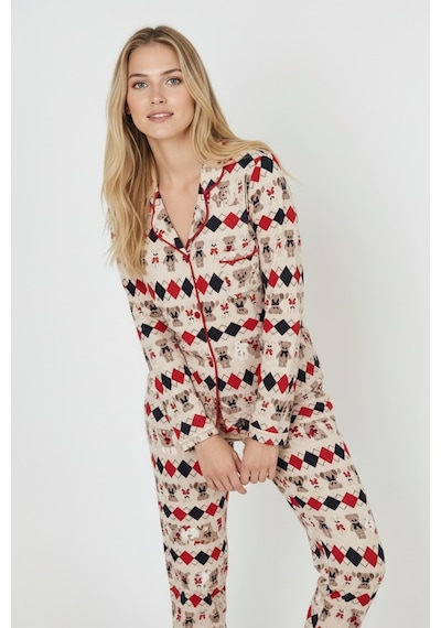 Luxury Soft Ekru Desenli Uzun Kollu Kadın Pijama Takımı 3028 Ekru