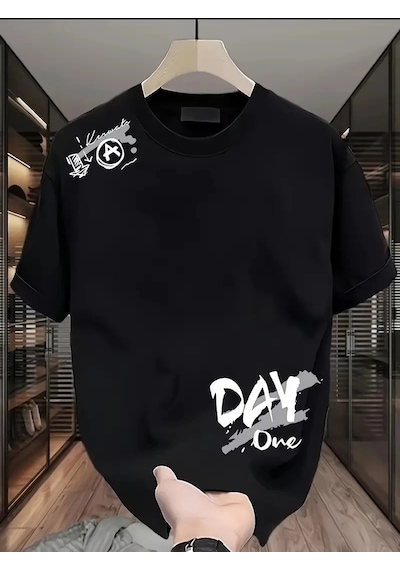Genel Markalar 20/1 Penye Compack Day One Baskılı Oversize Bisiklet Yaka T-shirt - Siyah - Renkli