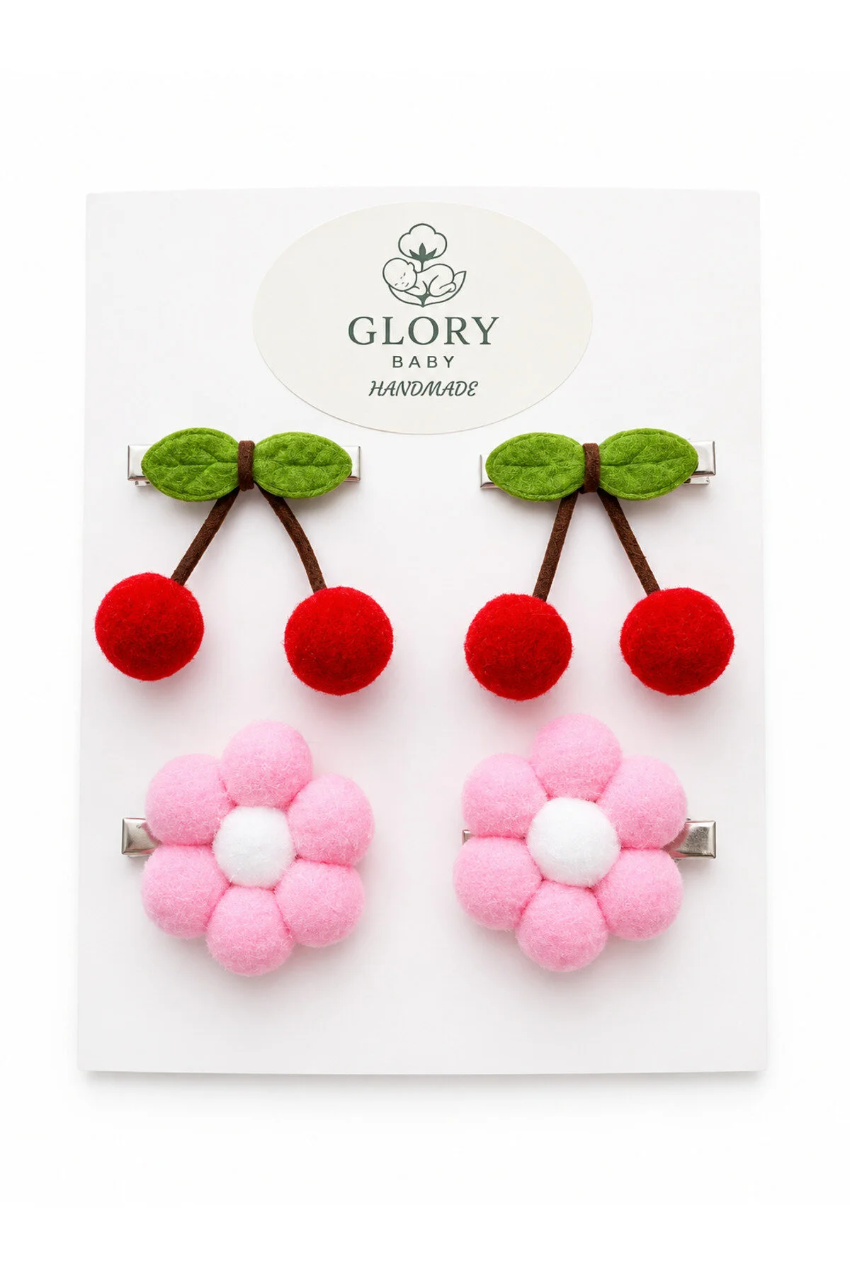 Glory Baby Kız Bebek Kiraz & Papatya Figürlü Klips Toka 4'lü Set Kırmızı - Pembe